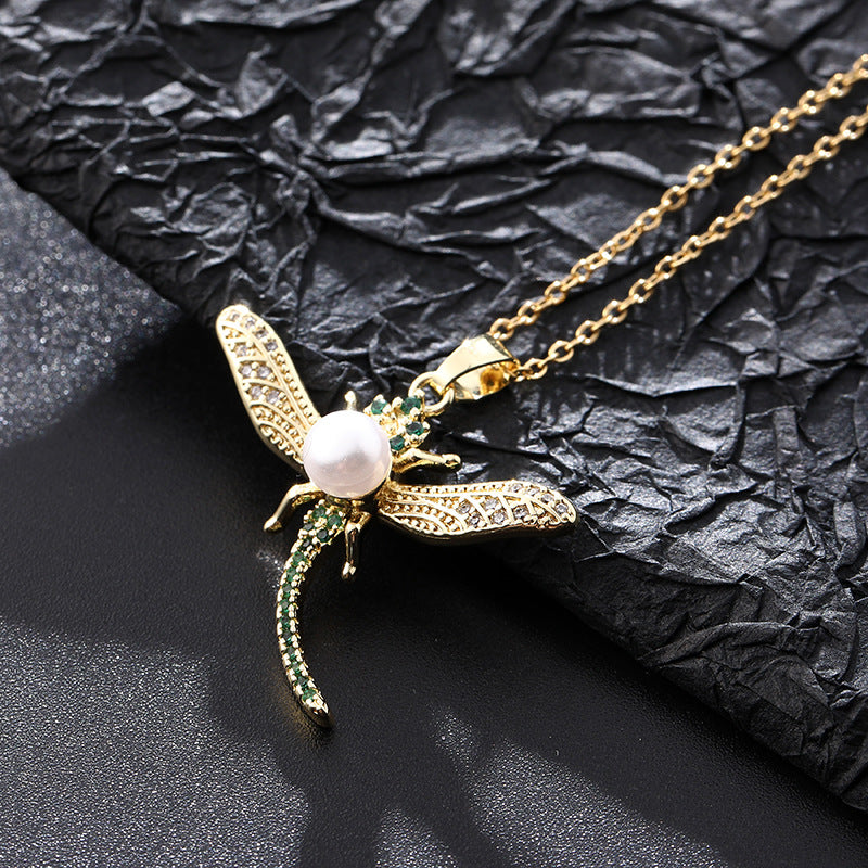 European And American Fashion Normcore Style Colorful Pearl Zircon Dragonfly Necklace