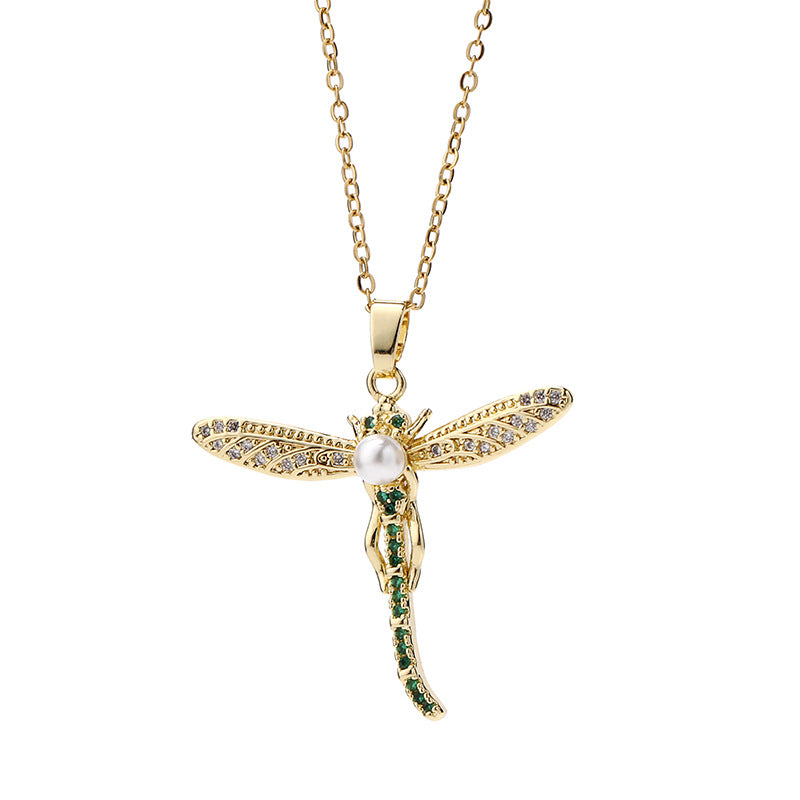European And American Fashion Normcore Style Colorful Pearl Zircon Dragonfly Necklace
